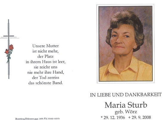 Maria Sturb ist am 29.09.2008 verstorben