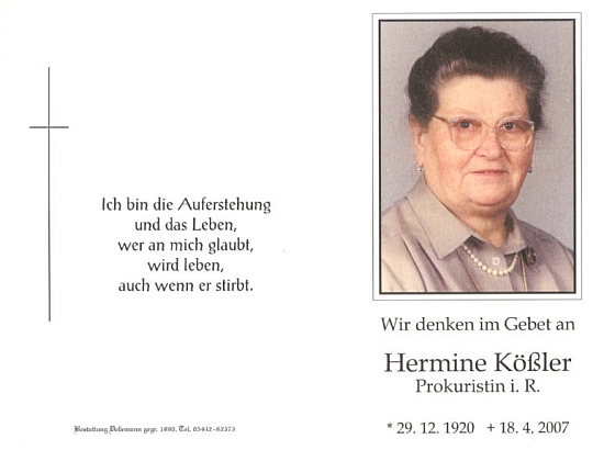 Sterbebild Hermine Kössler