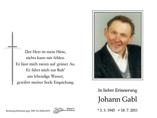 Sterbebild Johann Gabl